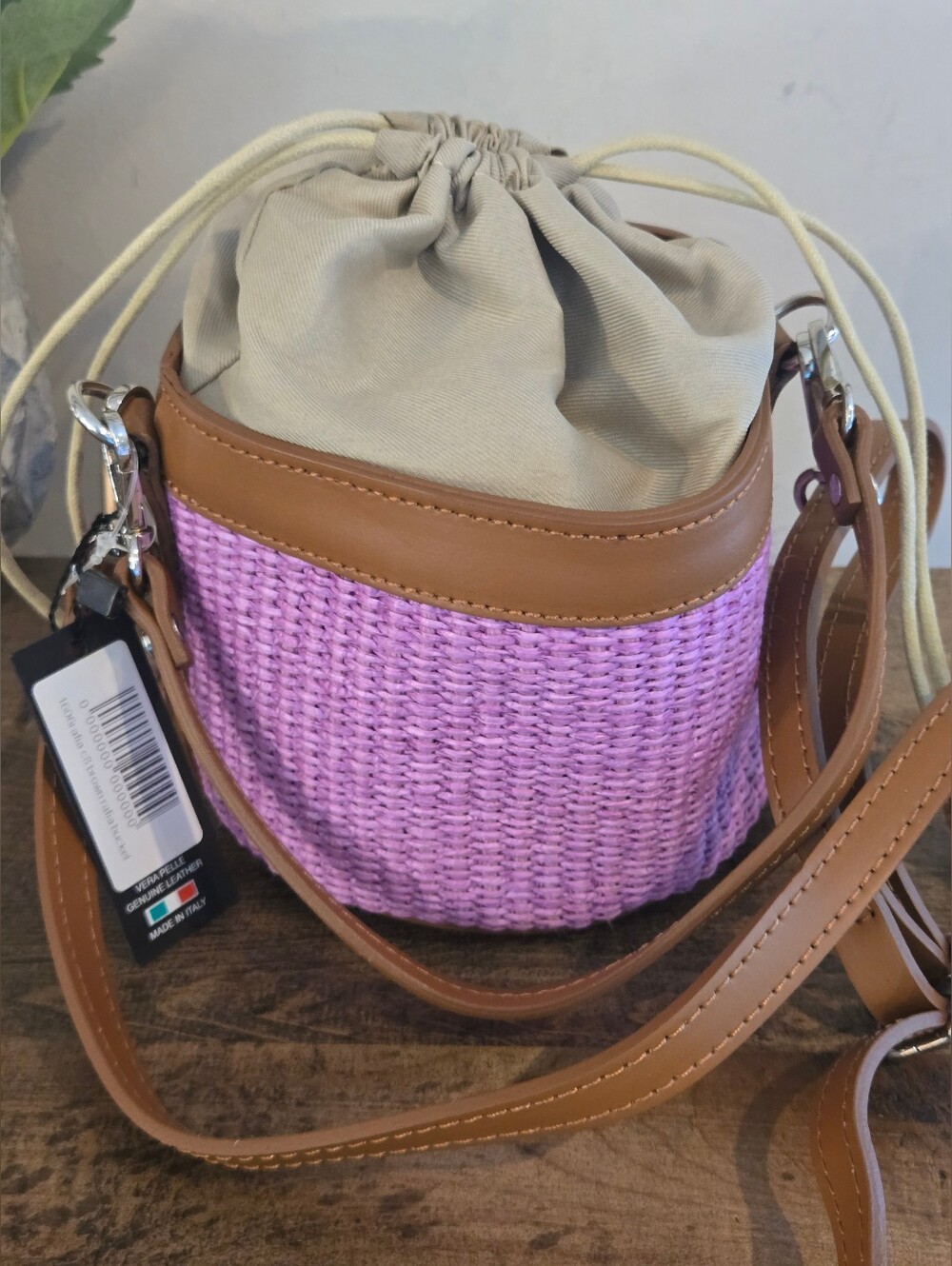 ANDREA CARDONE ITALIA WOVEN STRAW BUCKET BAG FULL LINING DRAWSTRING DETACH STRAP